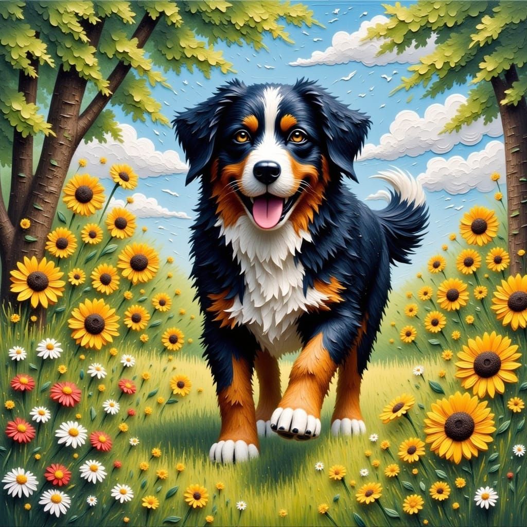 A majestic, energetic Bernese Mountain dog, its thick coat a warm, honey-brown color, rushes through a vibrant meadow