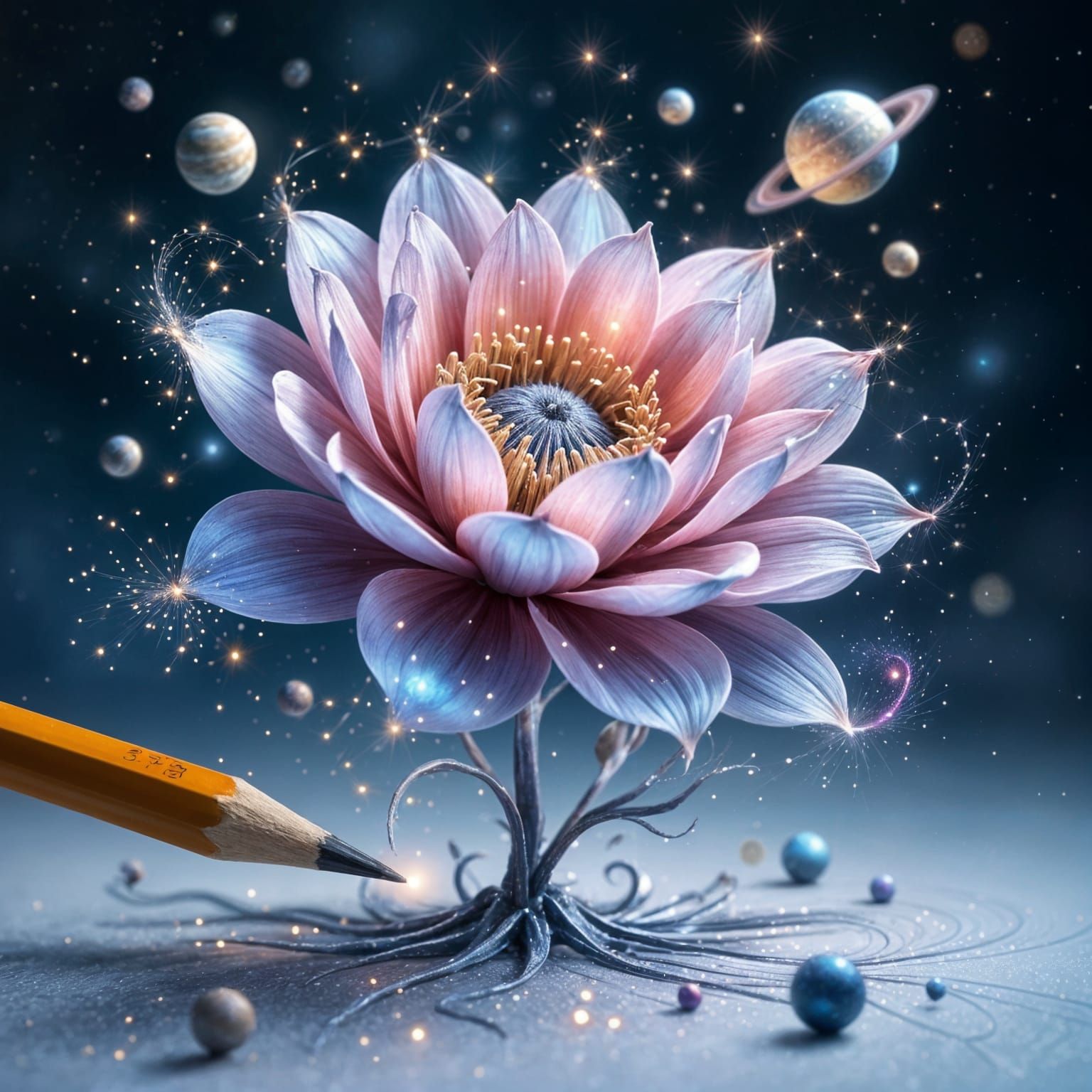 Cosmic Flower Blooms From Pencil Sketch in Nebula Colors