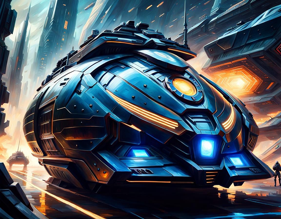 Futuristic Armored Vehicle on Battlefield: Oil Painting