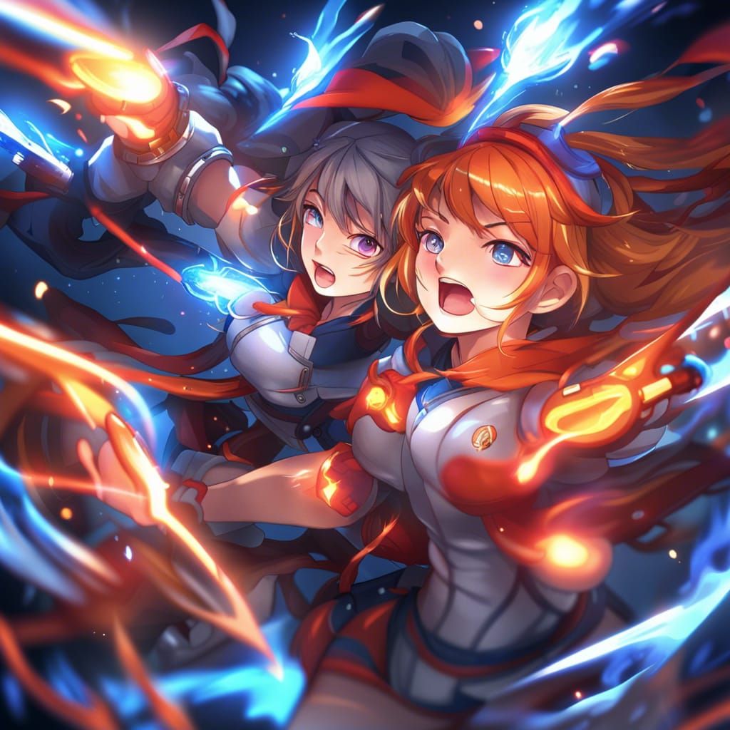 Anime-Style Women Fighting with Colorful Lights