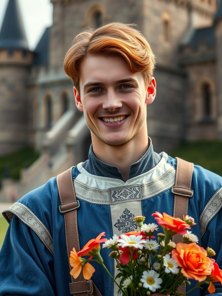 Handsome Duke in Regal Attire, Surrounded by Castle and Natu...