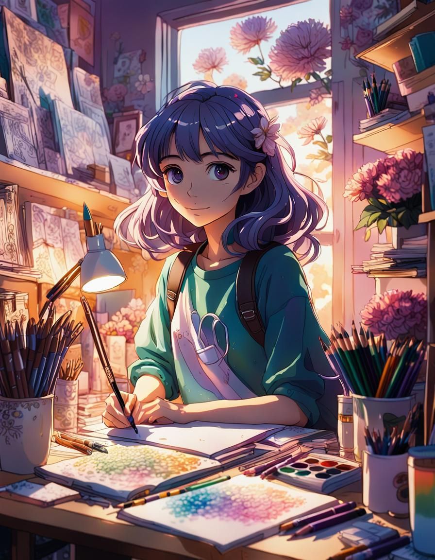 Lila's Flower Bedroom: Vibrant Manga-Style Anime Scene