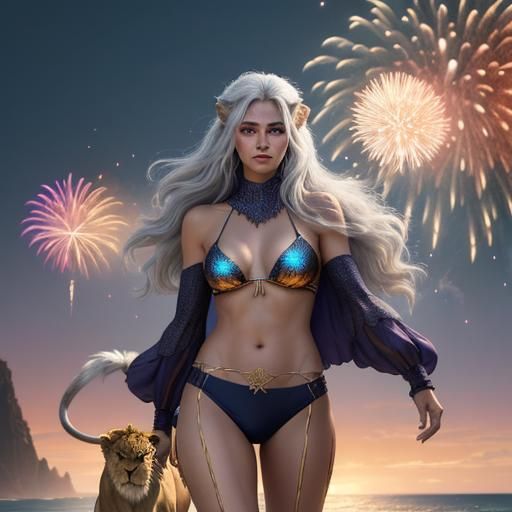 Woman Walks Lion on Beach with Fireworks