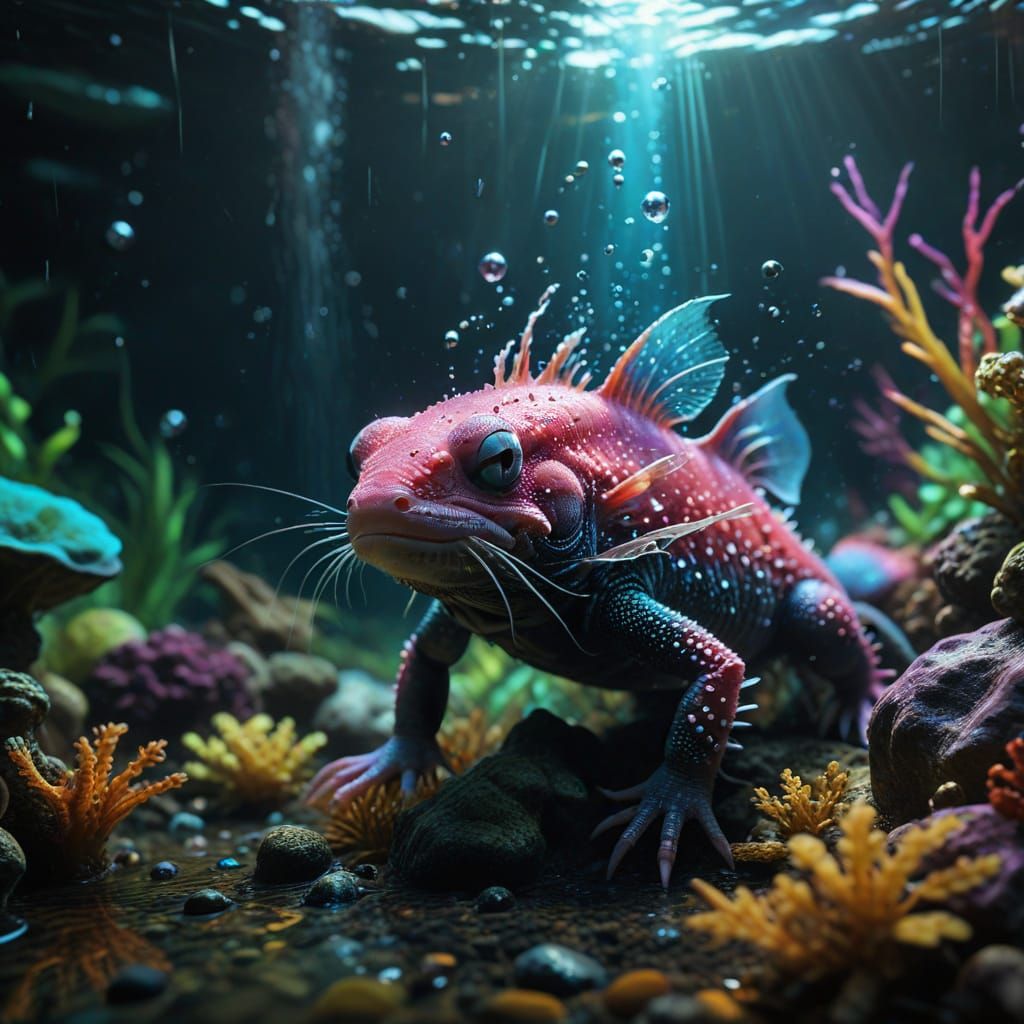 Hyper-Realistic Aquatic Scene with Axolotls in Scuba Gear