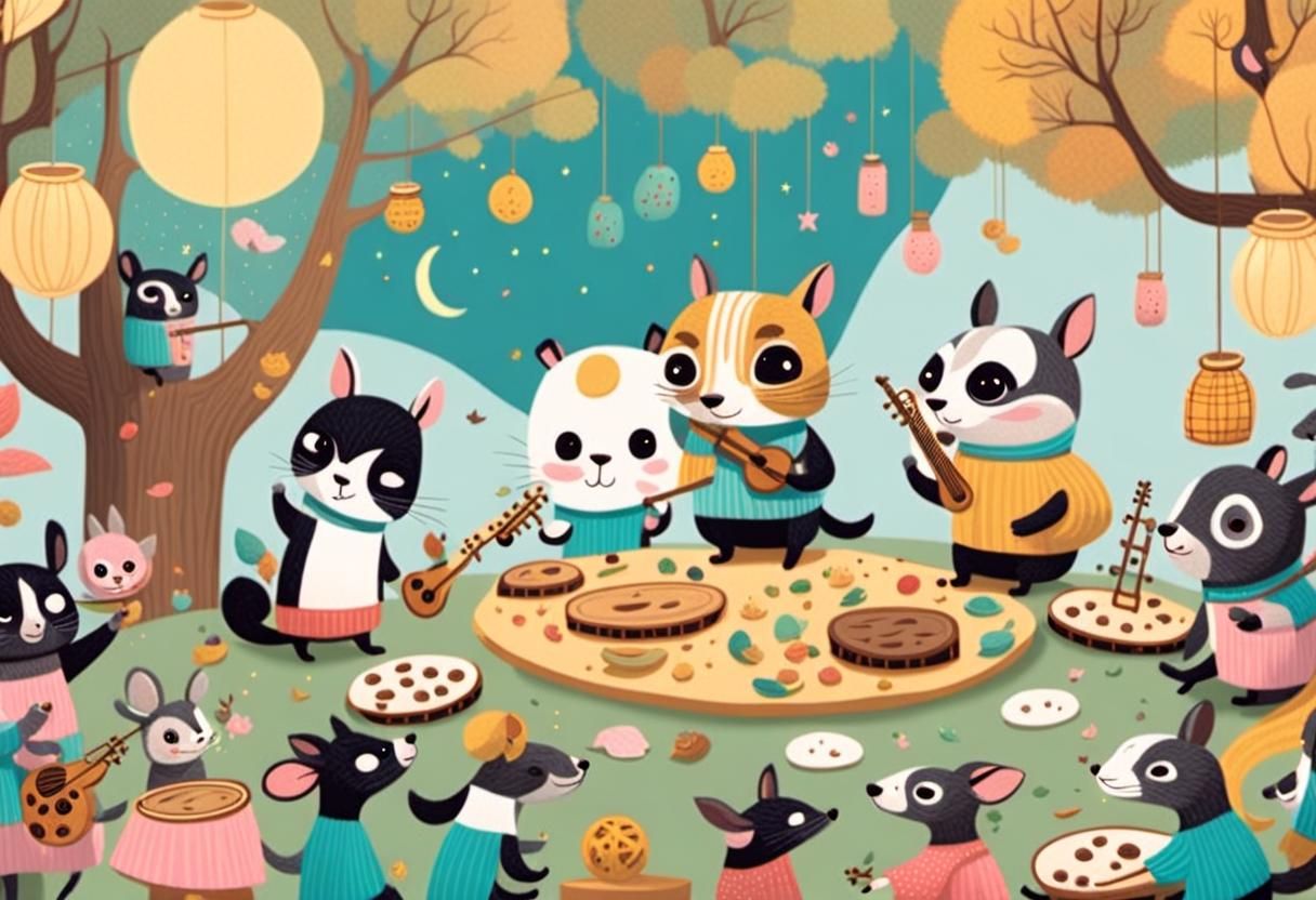 Enchanted Forest Concert with Animals, Whimsical Illustratio...