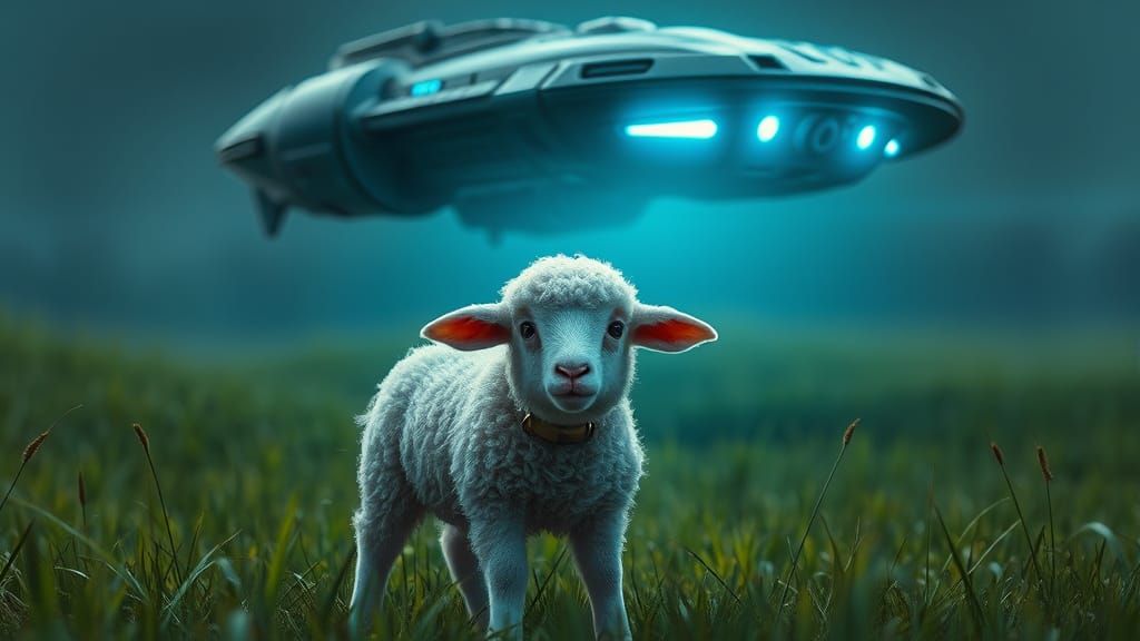 Frightened Lamb and Alien Spaceship in Digital Art Style