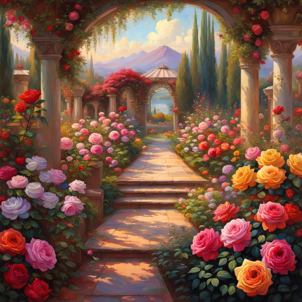 Rose Garden in Pre-Raphaelite Anime Style