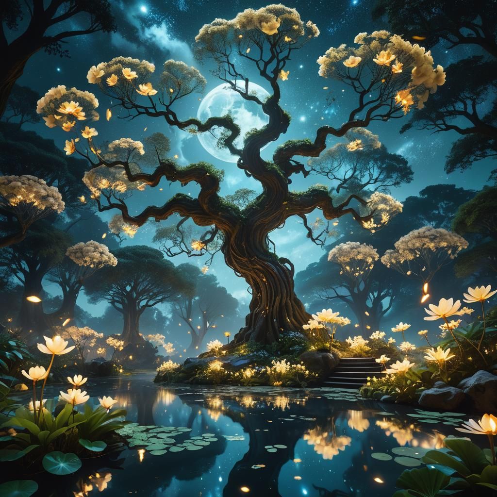 Moonlit Garden with Glowing Flowers: Digital Matte Painting