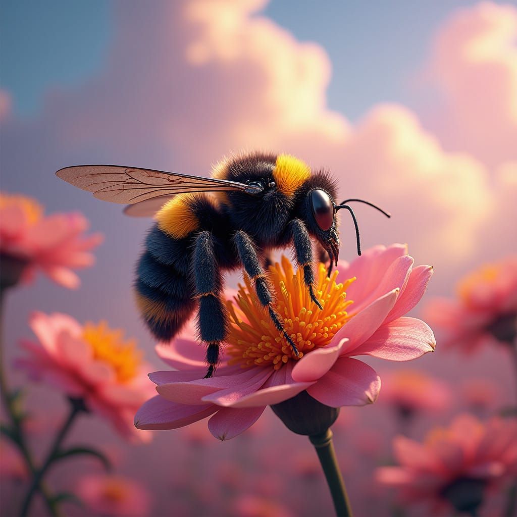 Vibrant Bumble Bee in Whimsical Fantasy Landscape