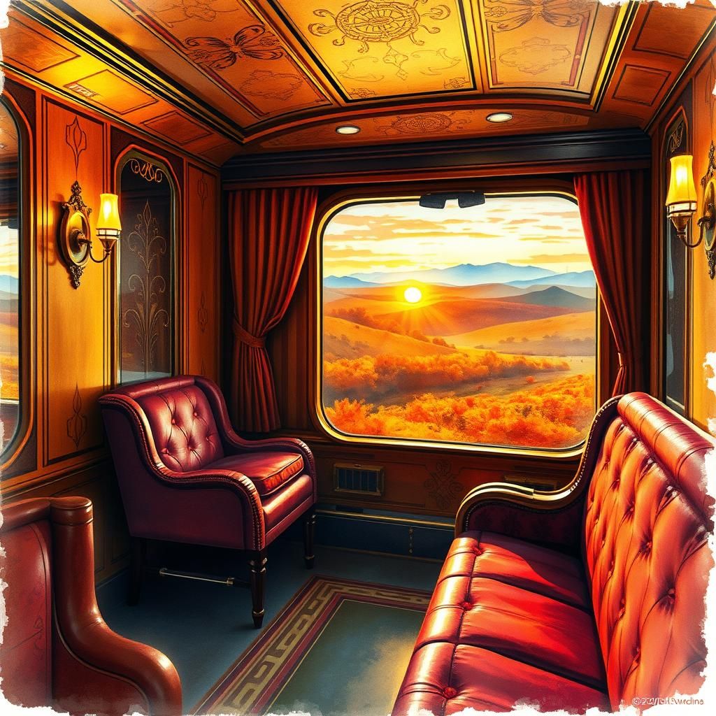 Art Deco Train Journey Through Autumn Landscape