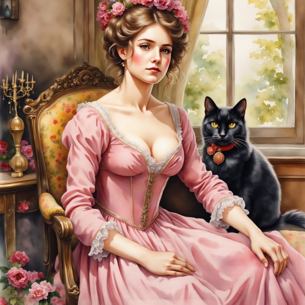 Georgian Lady and Black Cat in Watercolor Style