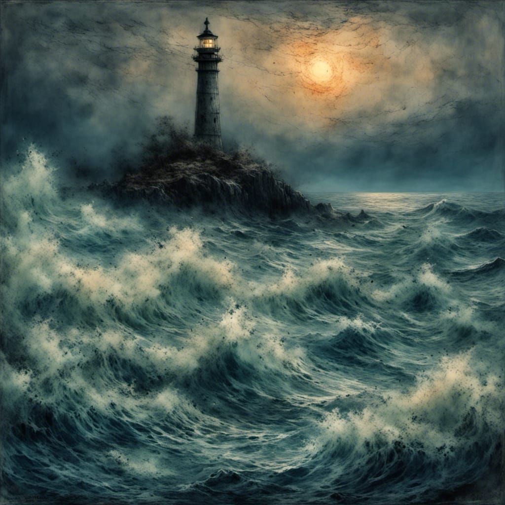 Lighthouse in Rough Sea at Dusk: Impressionist Style