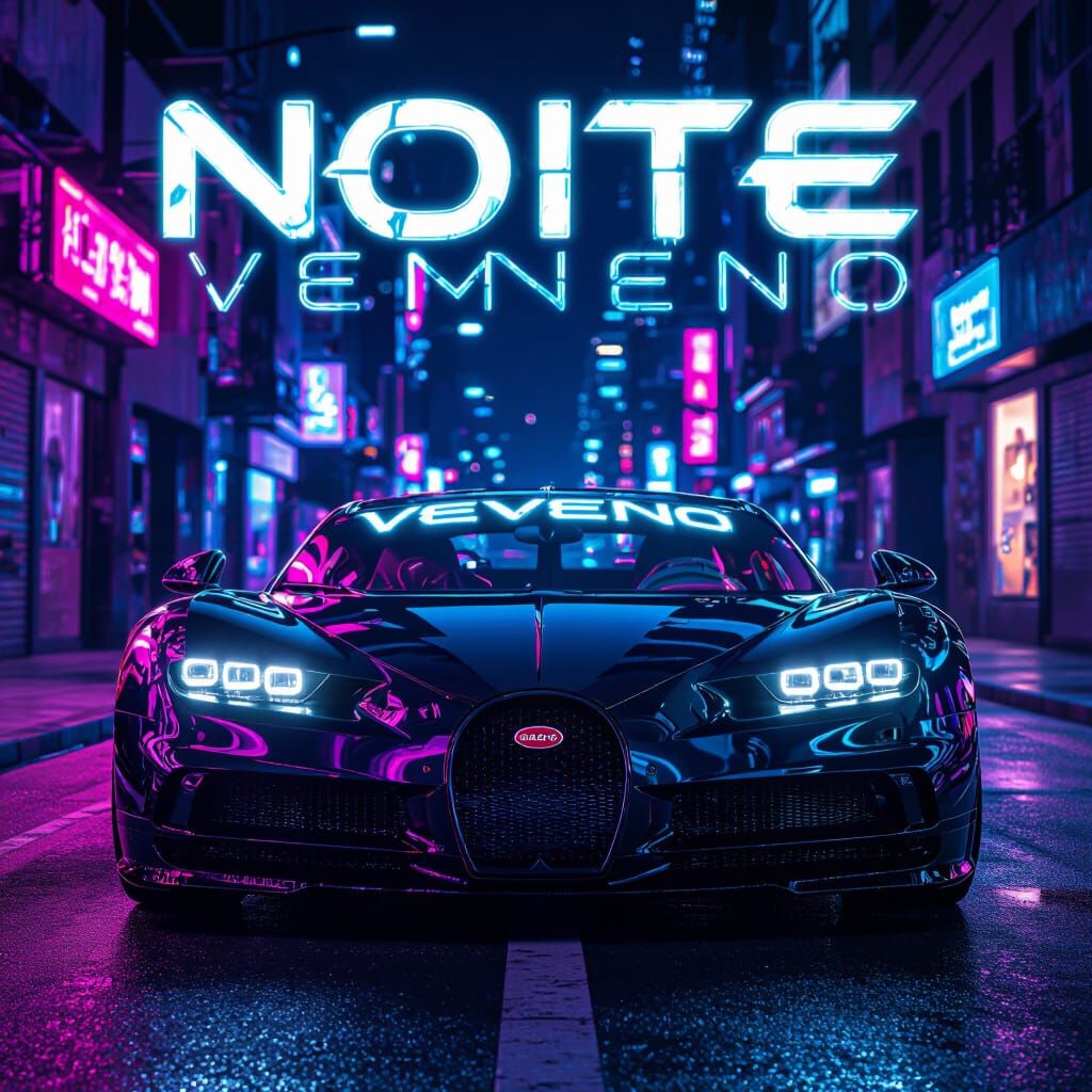 Cyberpunk Bugatti with "Noite Veneno" on Neon Street