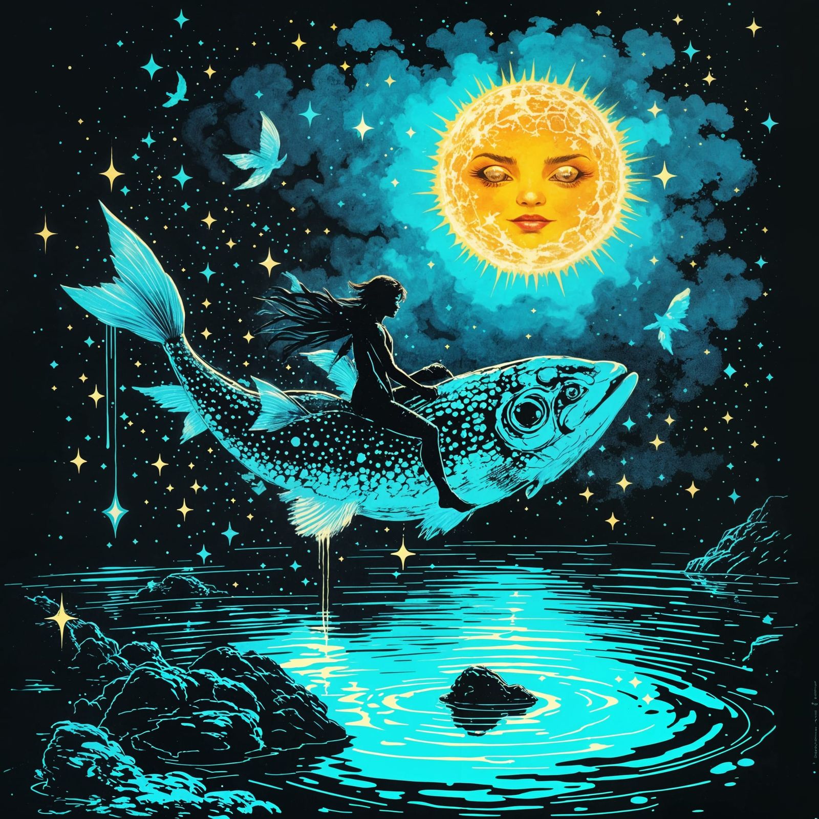 Glowing Prince Rides Sun Fish Under Glowing Meteors