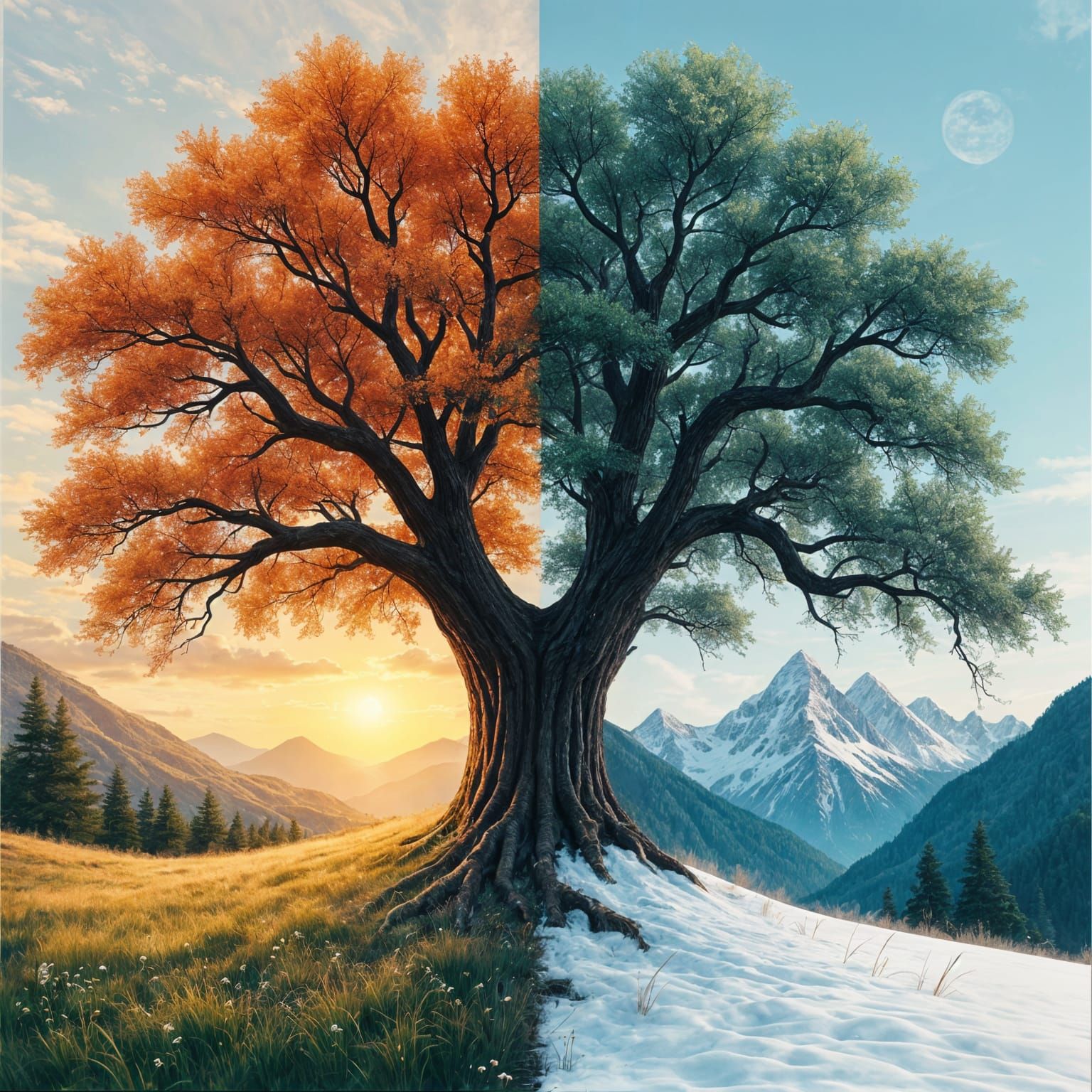 Oak Tree: Summer Sunset Meets Winter Snow