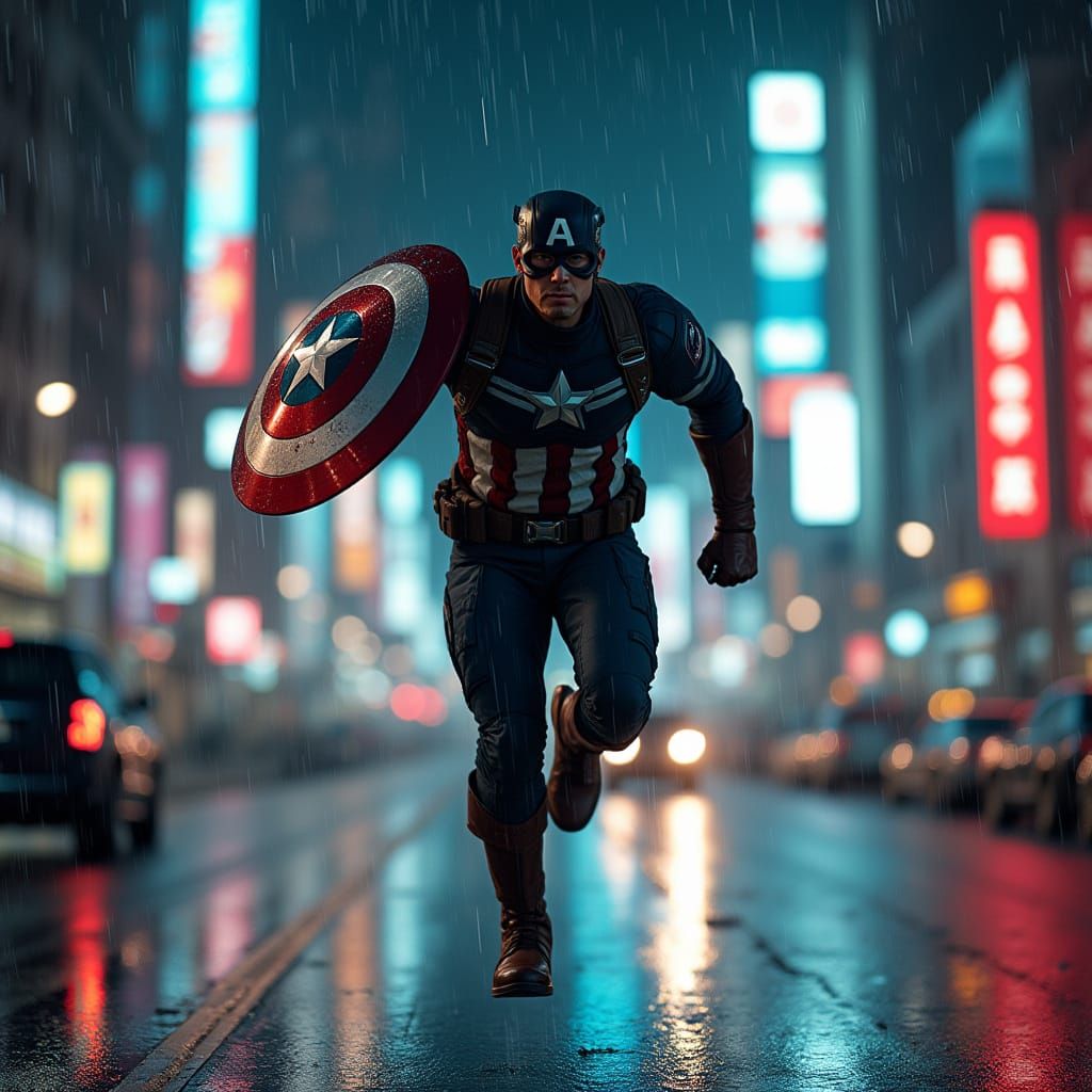 Captain America Leaps Through Synthwave Cityscape