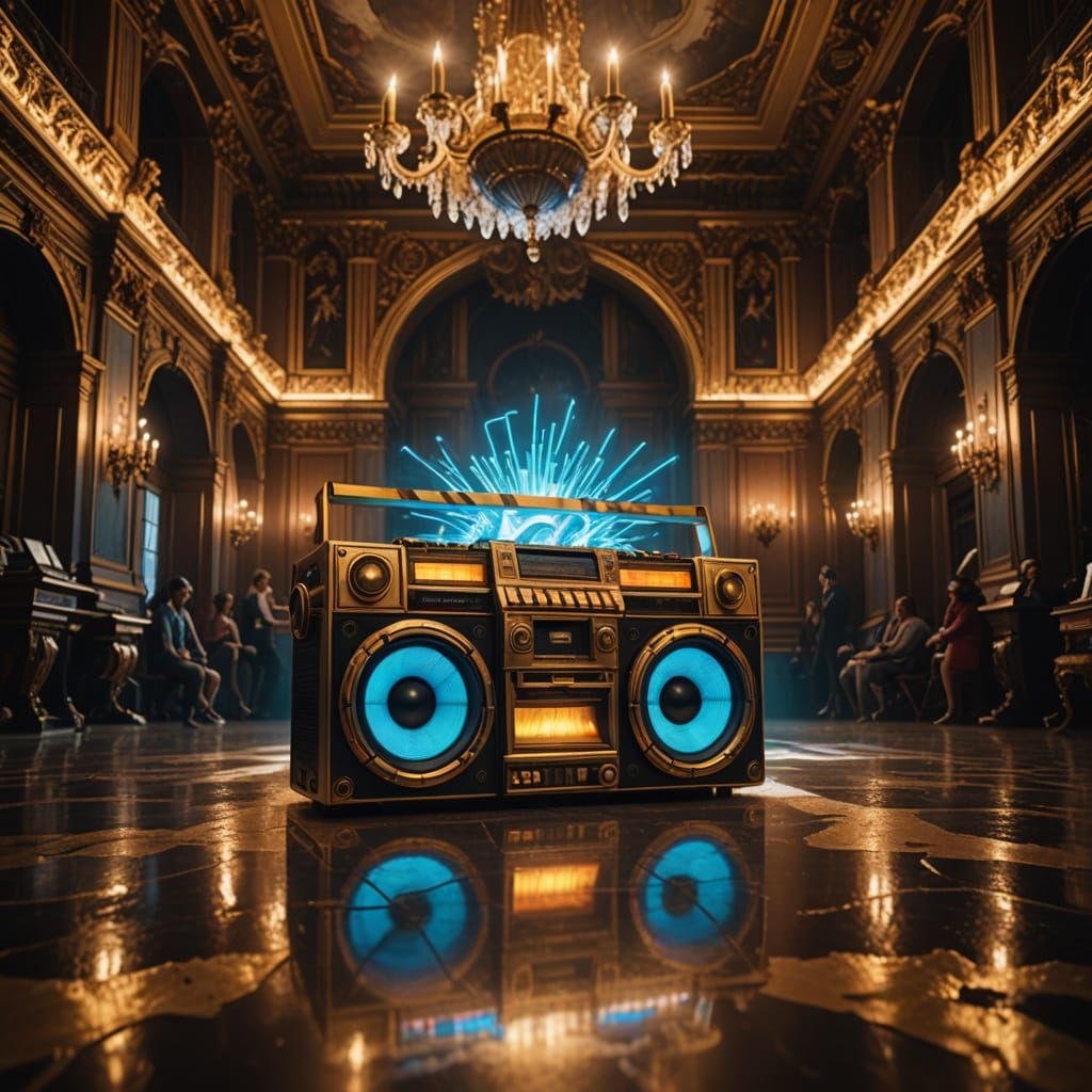 a vibrant boombox placed in the grand hall of an 18th-centur...