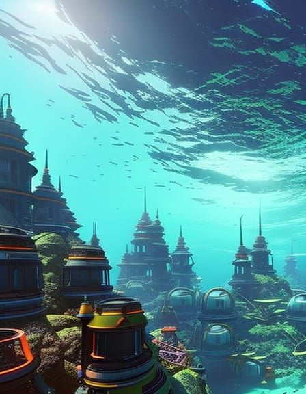 Hyper-detailed 16k resolution concept art of an innovative underwater city designed to withstand the pressures of the oc...