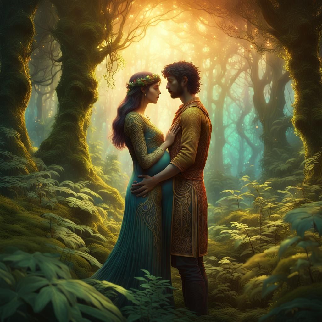Pregnant Girl Embracing Boy in Art Nouveau Forest