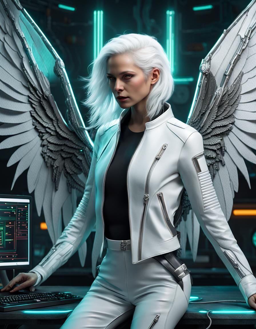 Android Hacker with Bio-Tech Wings in Cyberpunk Style