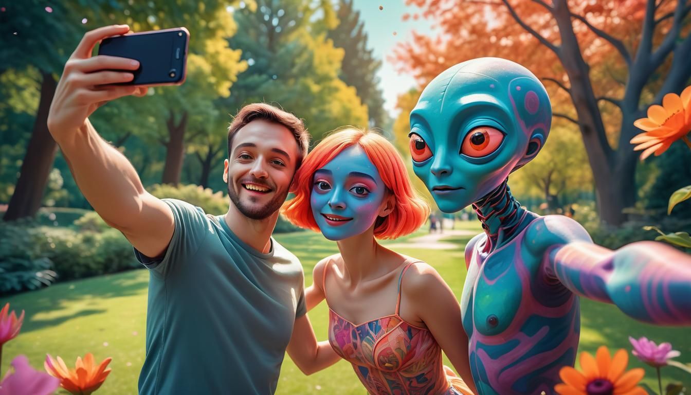 Couple's Selfie Bombed by Alien in Playful Digital Art