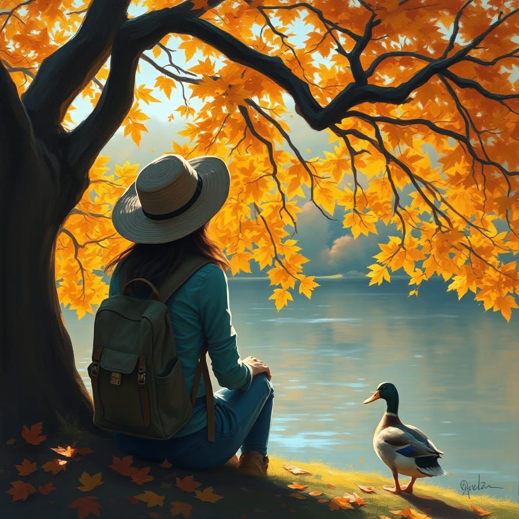 Autumnal Impressionist Painting of Woman Under Tree