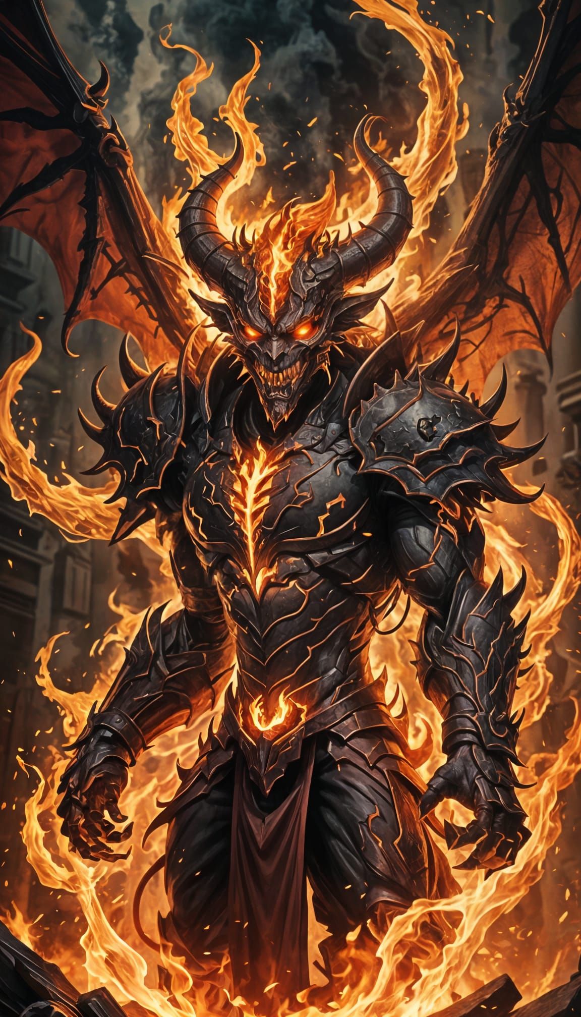 Fiery Archdemon Engulfed in Smoke and Sparks