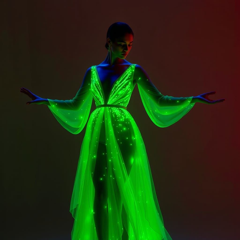 A striking woman stands in mid-dab, her avant-garde gown radiating with touches of RADIANT vibrant green that pulse like...