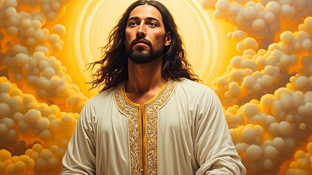 Androgynous Jesus Embracing All in Vibrant Hyperrealism