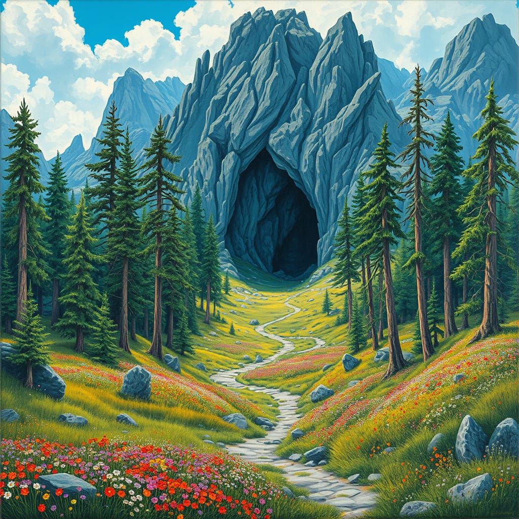 Fantastical Skyrim Landscape in Dreamlike Oil-Guache Style