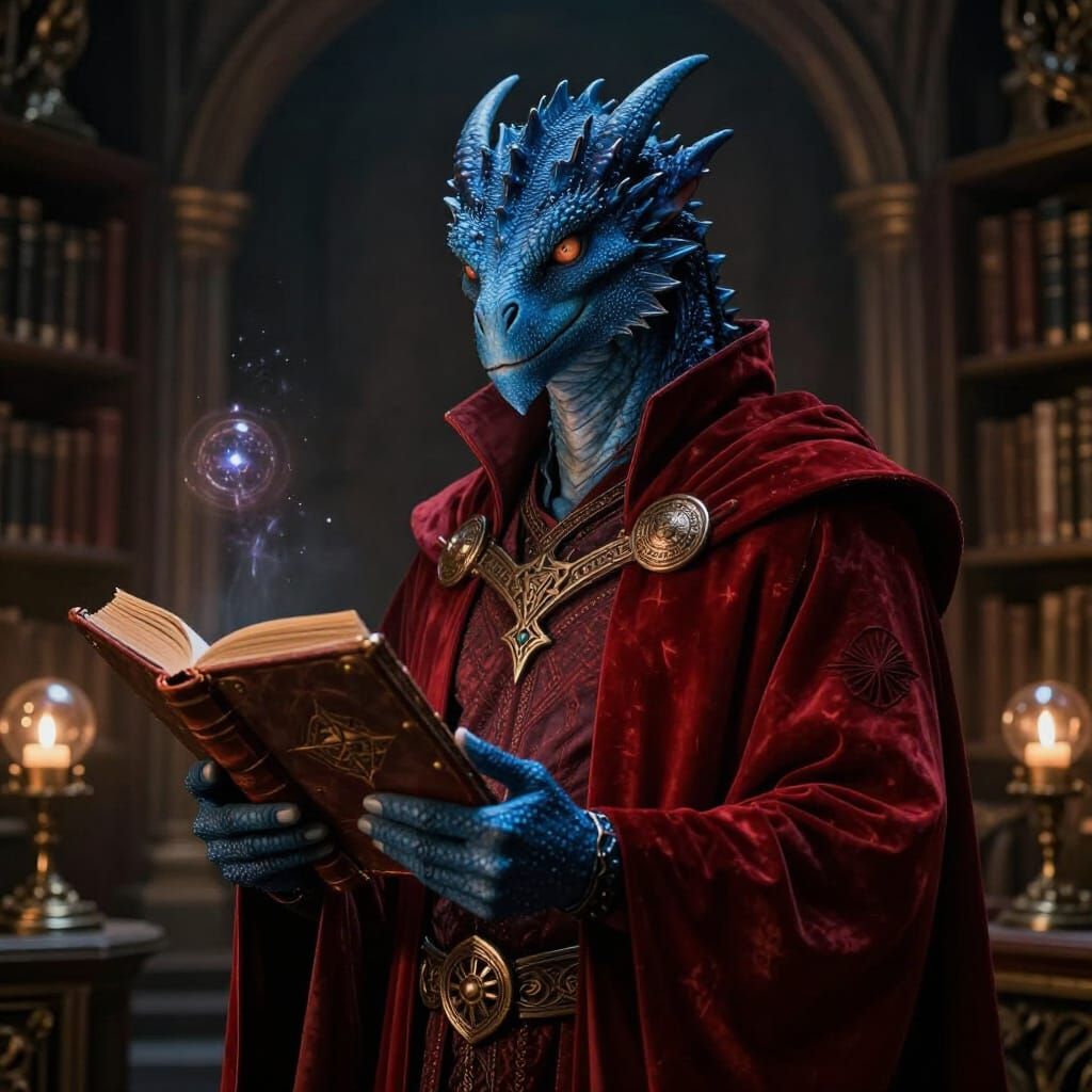 Blue Dragonborn Sorcerer with Magic Tome in Library