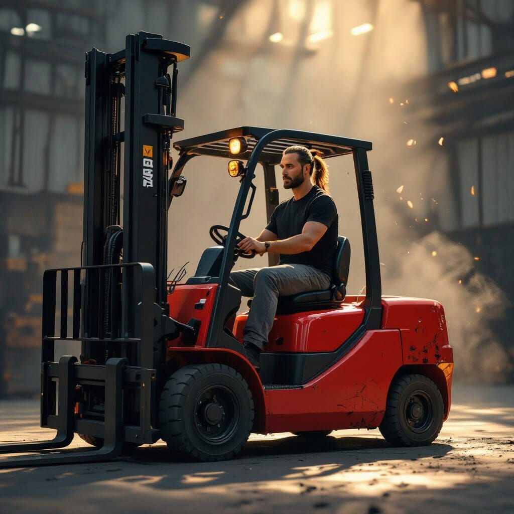 Man Drives Red Forklift in Dramatic Industrial Setting