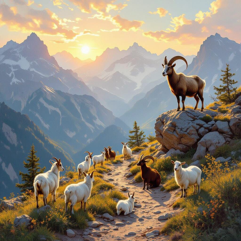 Goats and Ibex on a Mountain Path