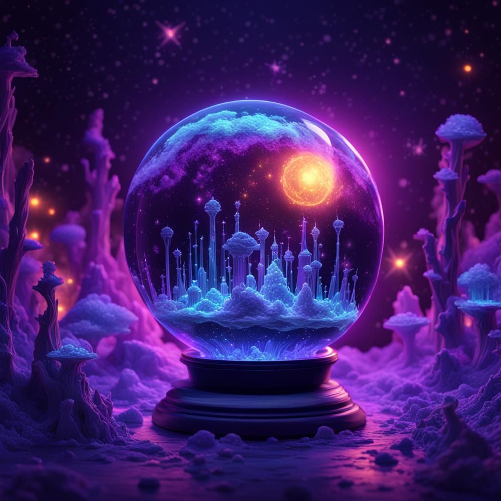 Neon Bioluminescent Crystal Globe in Fantasy Setting
