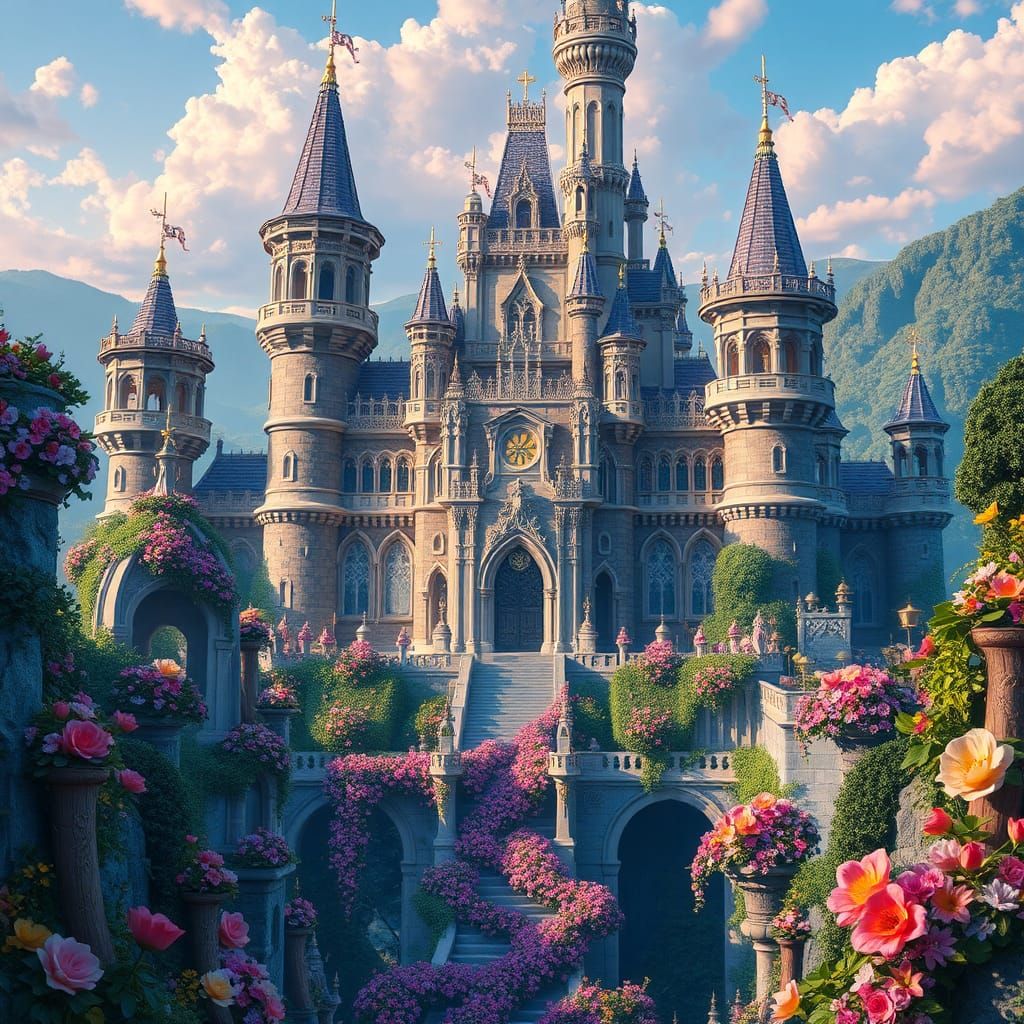 Majestic Surreal Castle Surrounded by Flower Castle