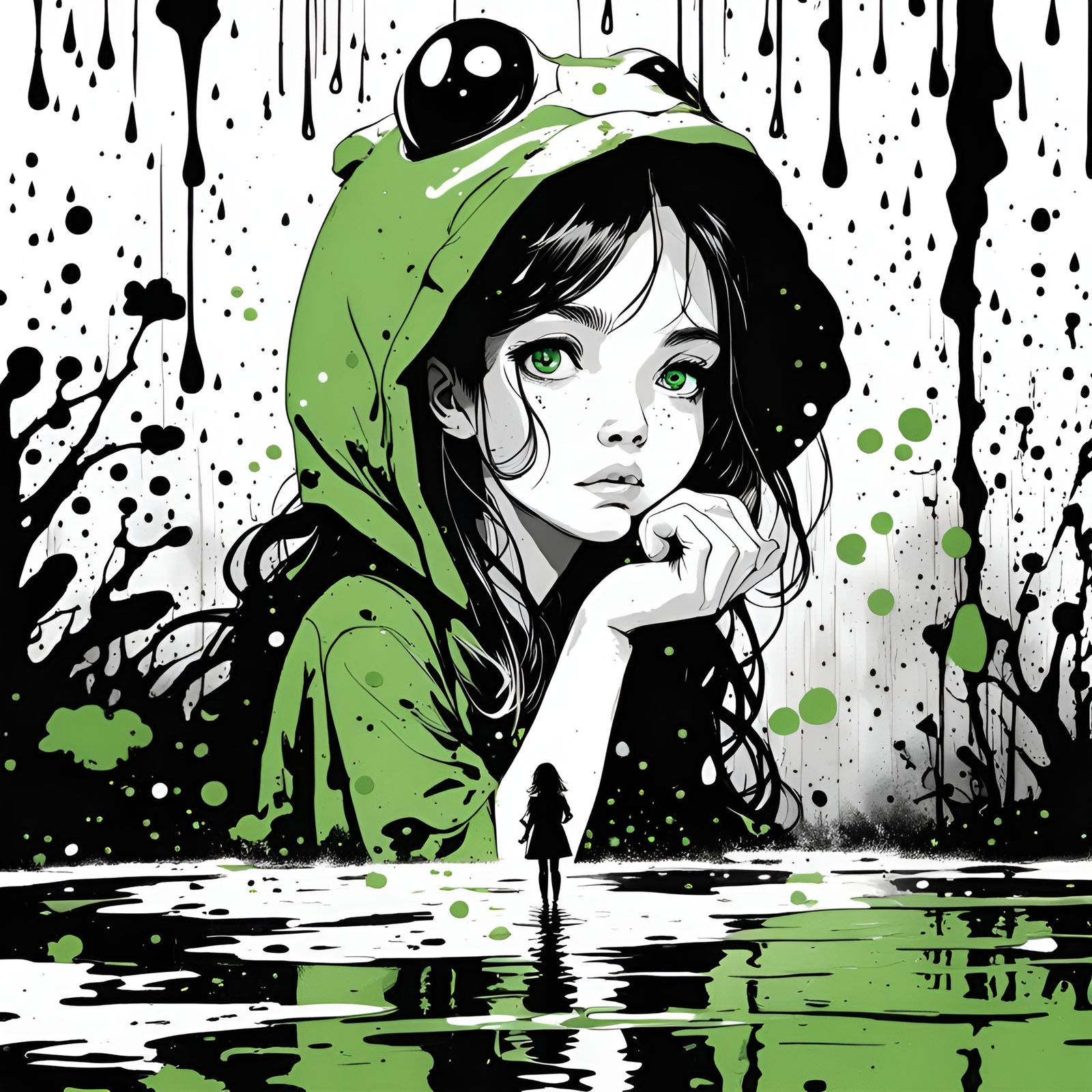 Girl and Frogs in Ink Splatter Art