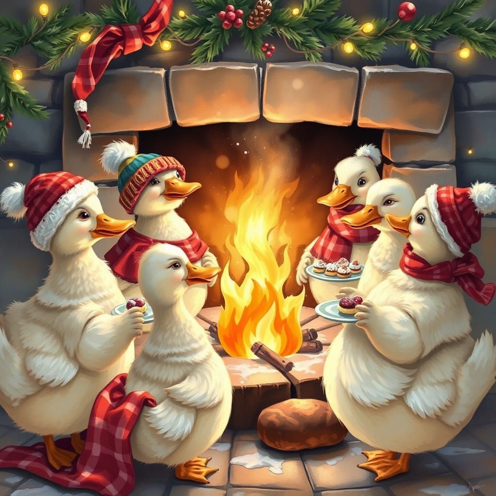Warm Winter Gathering of Ducks Sharing Treats by a Cozy Fire
