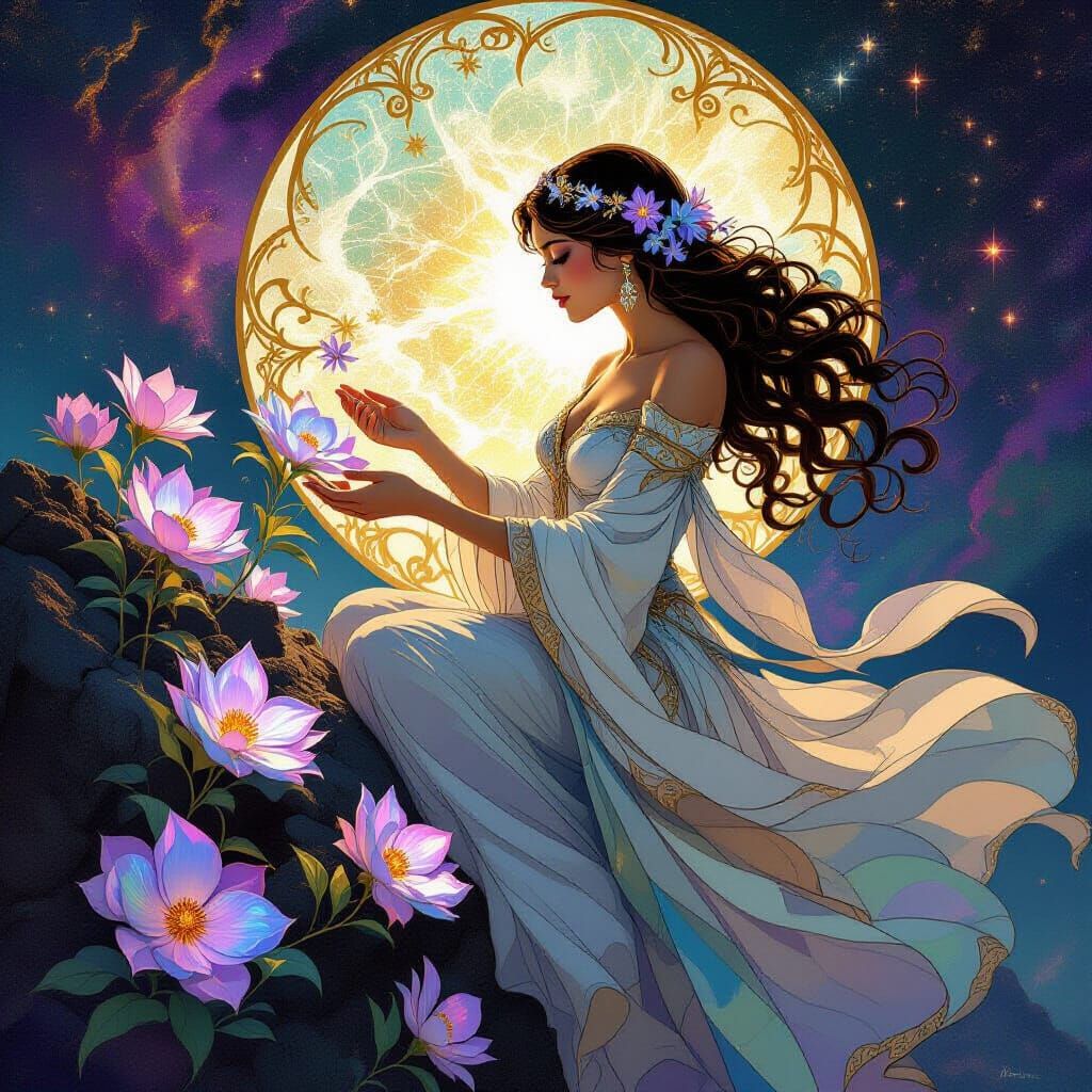 Celestial Gardener Cultivating Stardust Flowers in Art Nouve...