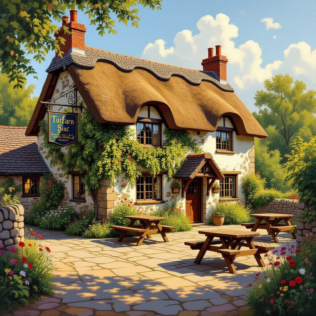 Welsh Countryside Pub with Medieval Signpost in Oil Painting...