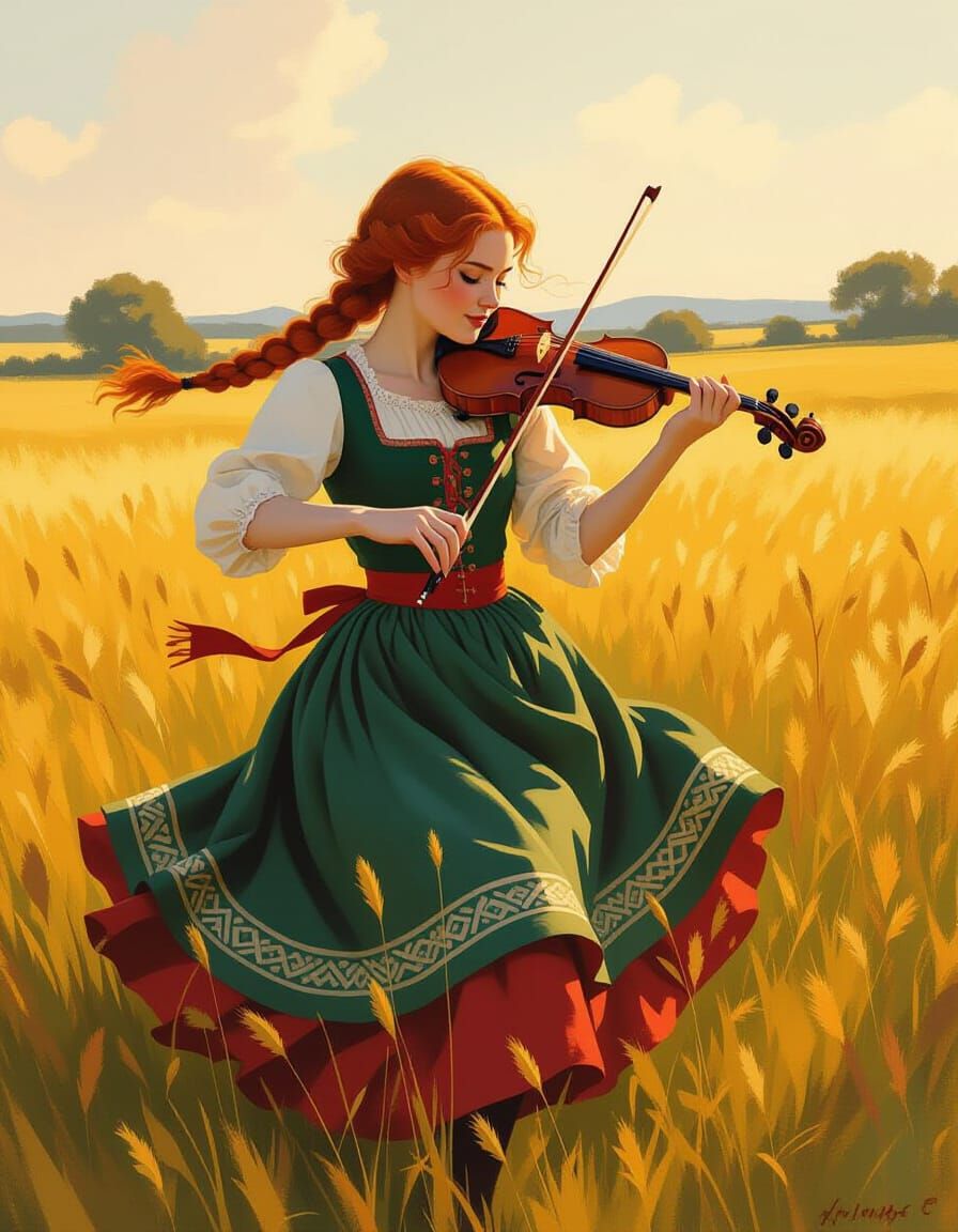 Irish Fiddler Dancing in Sunlit Field, Impressionist Style