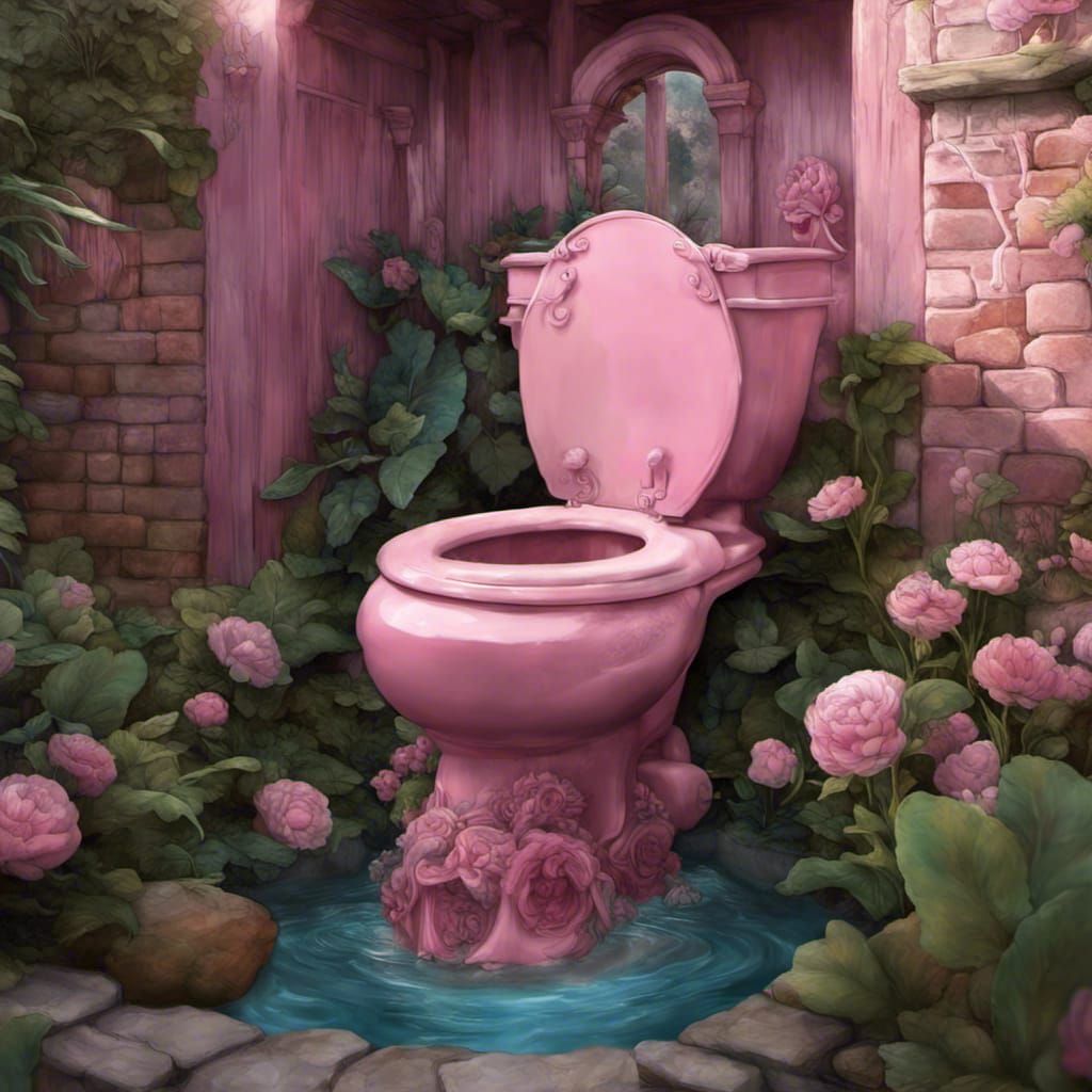 Upcycled Pink Toilet Fountain in English Garden
