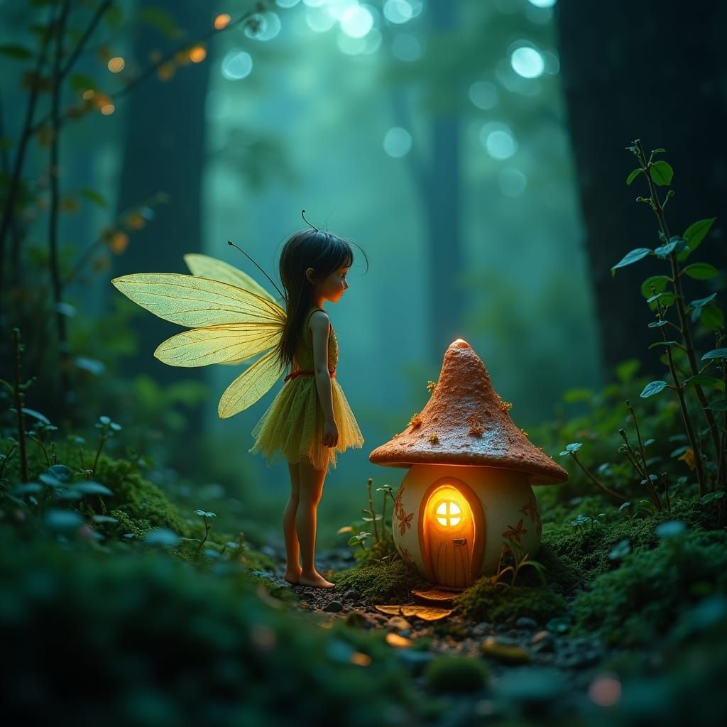 Enchanted Fairy Mushroom House in Bioluminescent Forest