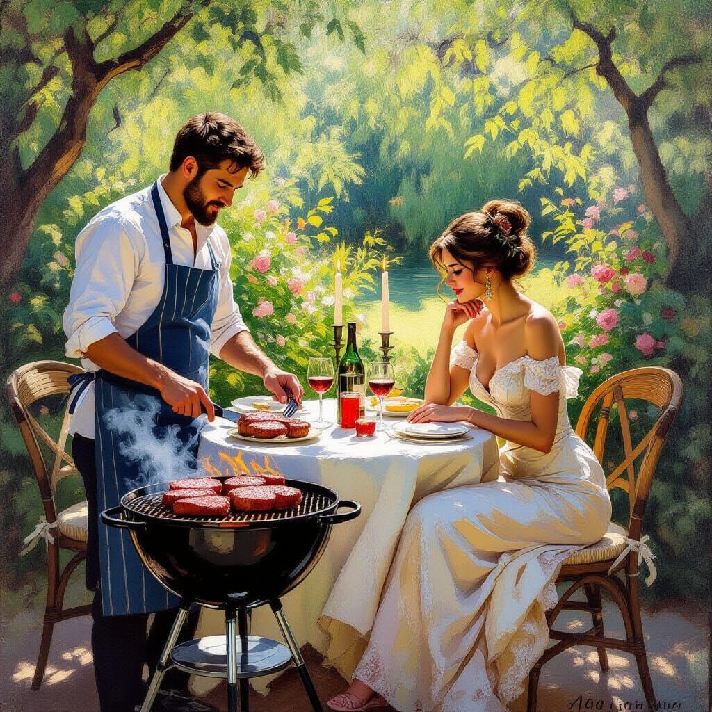 Romantic Barbecue Dinner in Impressionist Style