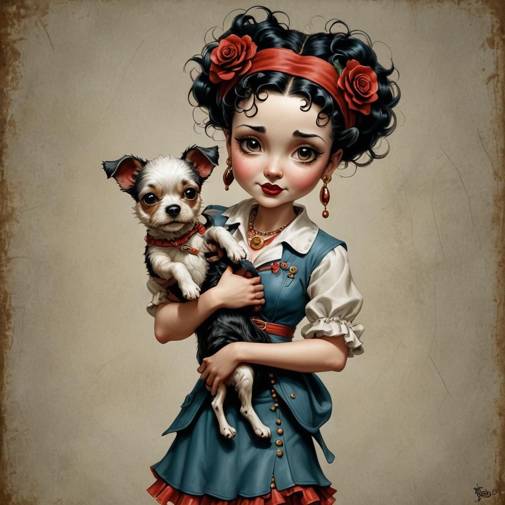 Betty Boop Pin-Up with Dog in Digital Painting