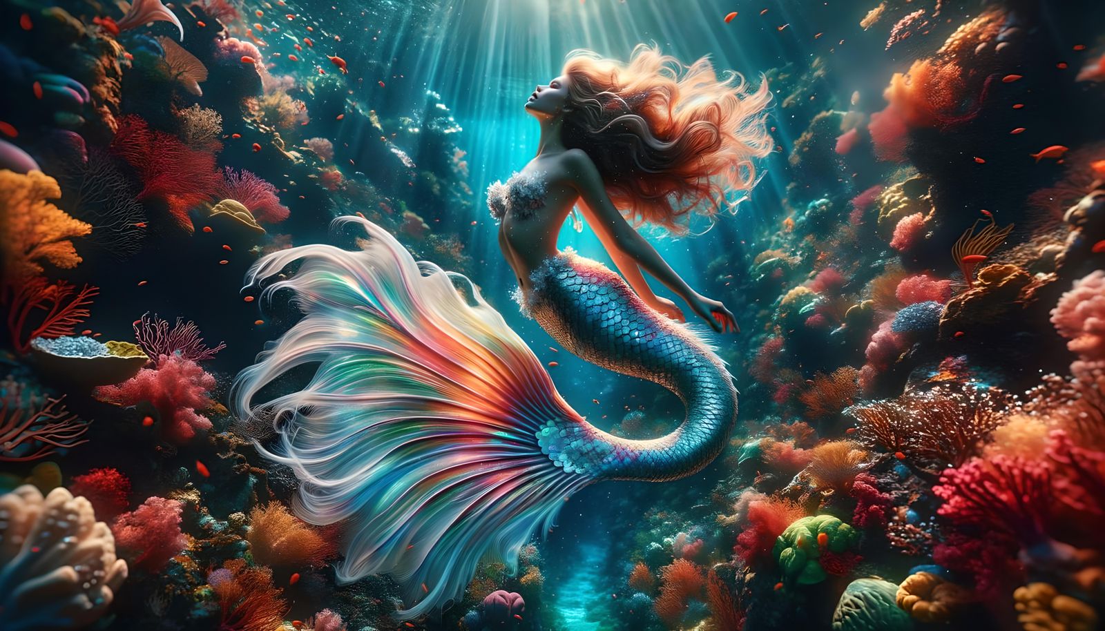 Spectacular Mermaid in Coral Reef