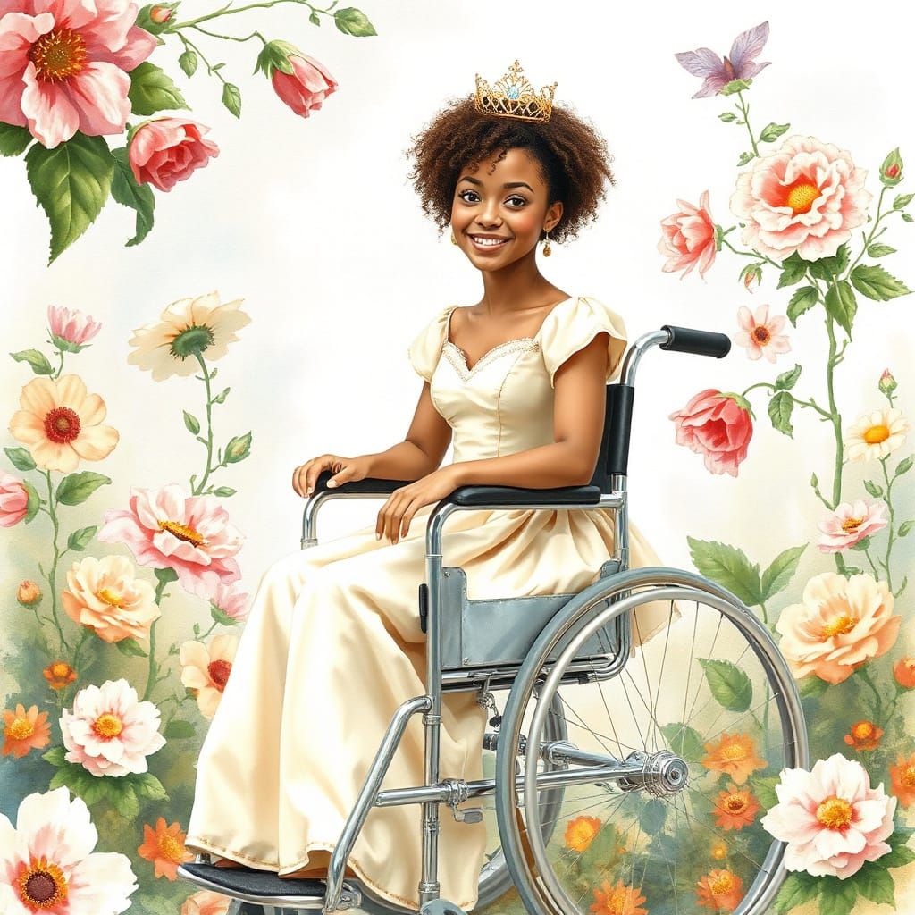 Multiracial Princess in Whimsical Watercolor Garden