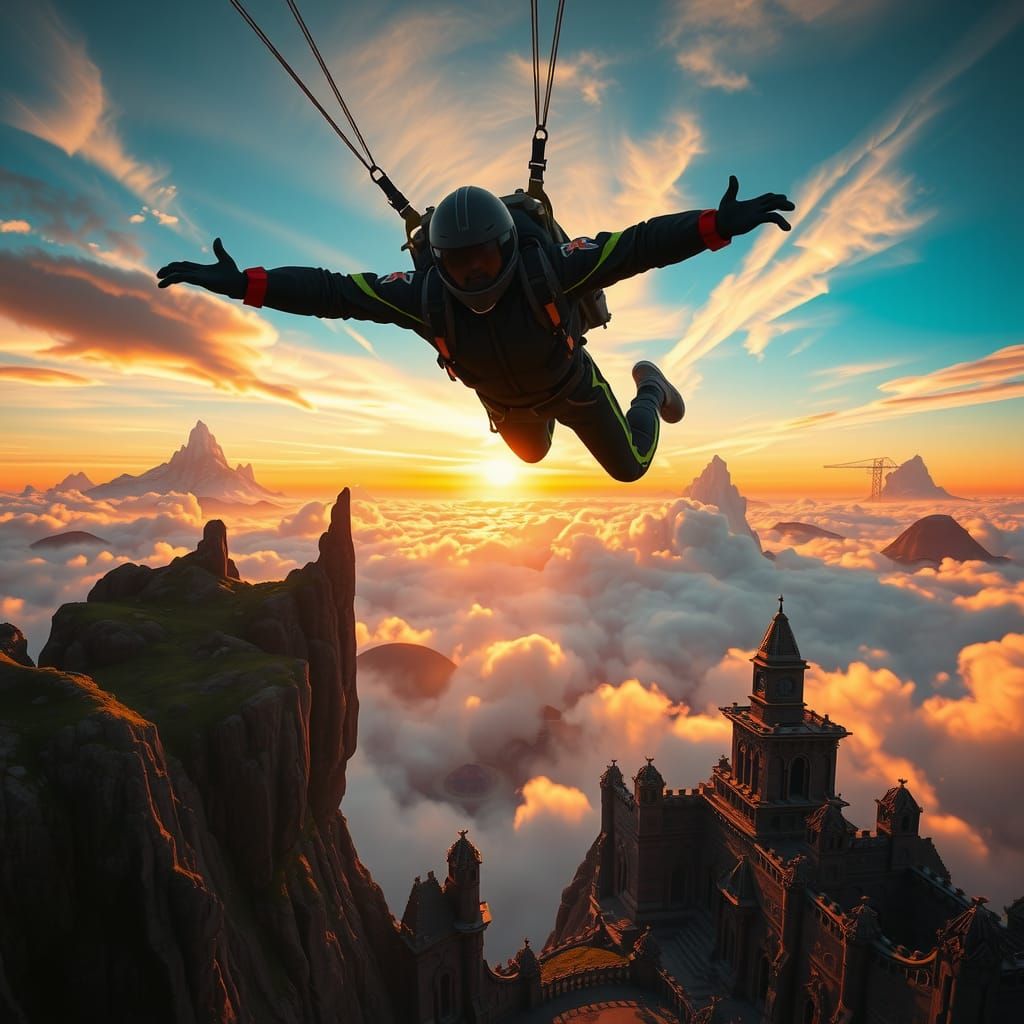 Skydiver Descends Through Dreamlike Sunset Landscape