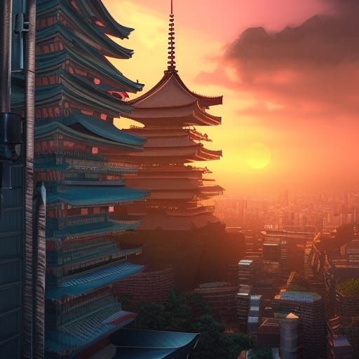Spectacular Photorealistic Tokyo Sunset in Matte Painting St...