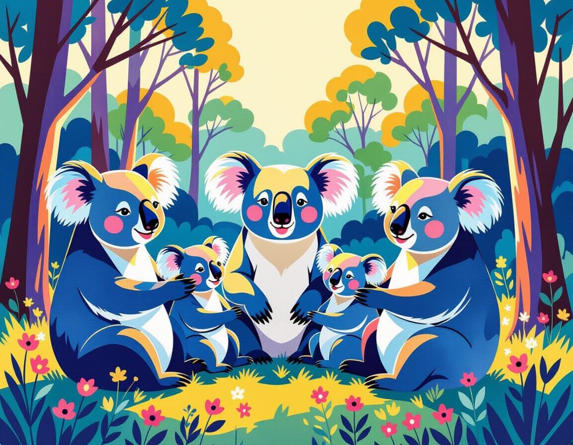 Gigantic Koalas Radiating Joyful Life in Watercolor