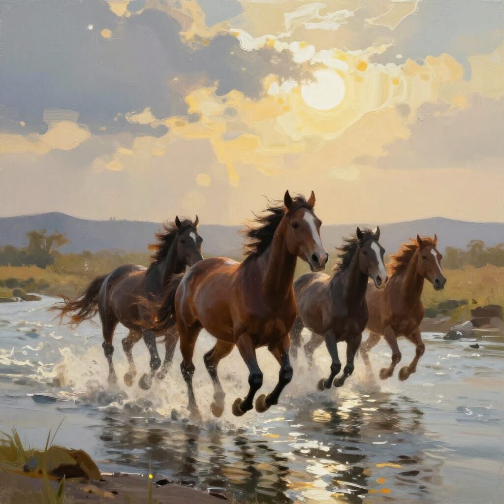 Spiritual Horses Running Free Under Sunlit Sky